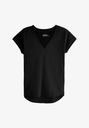 Melnas T-kreklas ar V-veida kakla izgriezumu, īsām piedurknēm un noapaļotu apakšdaļu. Izgatavots no mīksta materiāla, ar vienkāršu, gludu tekstūru.