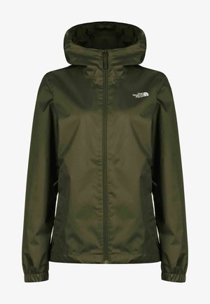 Dunkelgrüne Regenjacke mit Kapuze, Frontreißverschluss, elastischen Bündchen, seitlichen Taschen und weißem The North Face Logo auf der Brust.