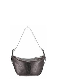 Sac bandoulière en cuir gris foncé avec une finition texturée, une silhouette courbée et une fine bandoulière amovible. Il est doté d'une fermeture supérieure zippée.