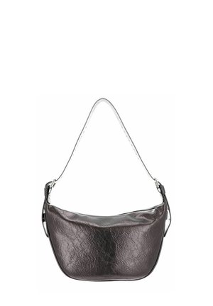 Sac bandoulière en cuir gris foncé avec une finition texturée, une silhouette courbée et une fine bandoulière amovible. Il est doté d'une fermeture supérieure zippée.