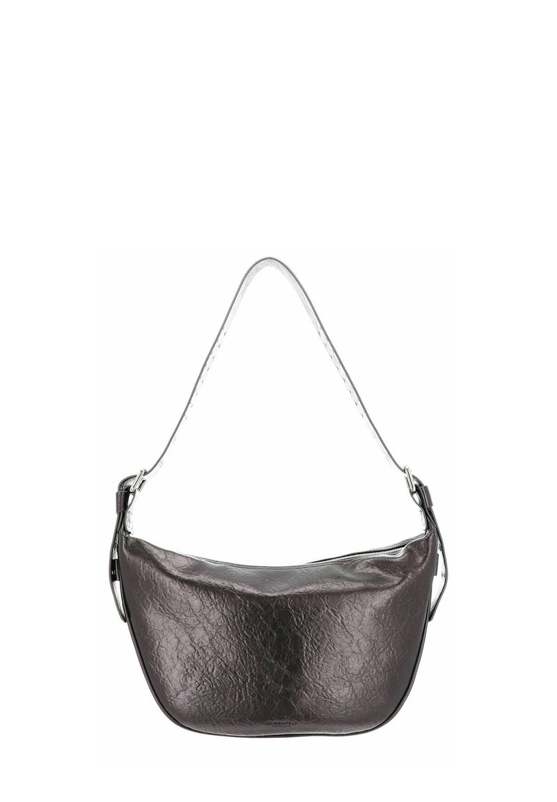 Sac bandoulière en cuir gris foncé avec une finition texturée, une silhouette courbée et une fine bandoulière amovible. Il est doté d'une fermeture supérieure zippée.