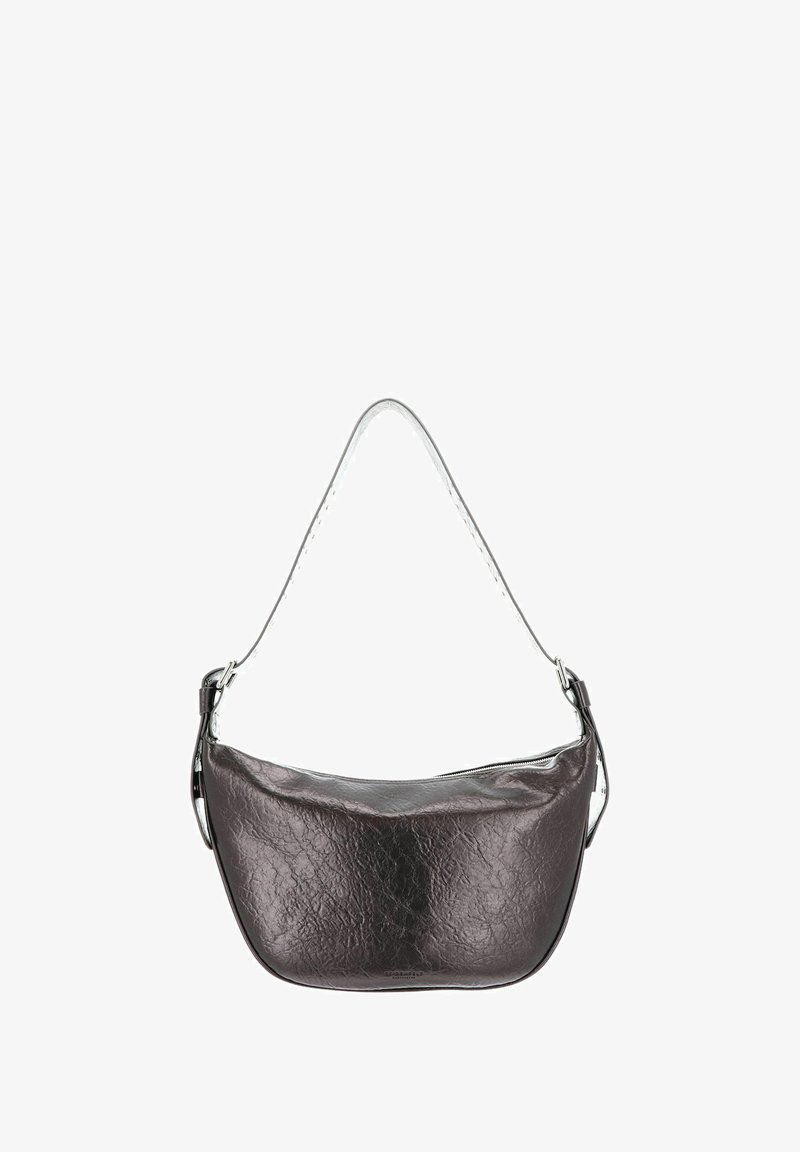 Sac bandoulière en cuir gris foncé avec une finition texturée, une silhouette courbée et une fine bandoulière amovible. Il est doté d'une fermeture supérieure zippée.