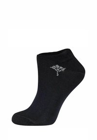 Sort ankelstrømpe lavet af et glat materiale. Har en ribbet manchet, forstærket hæl og et diskret grå logo design.