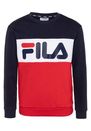 Marineblå, hvid og rød sweatshirt med et stort FILA-logo på fronten. Fremstillet af blødt stof med ribstrikkede manchetter og rund hals.