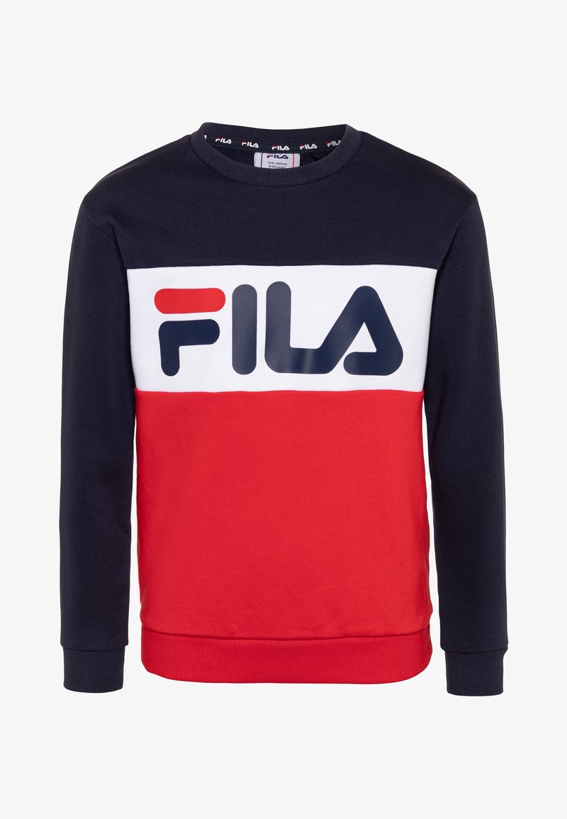 Sweatshirt bleu marine, blanc et rouge avec un grand logo FILA sur le devant. Fabriqué en tissu doux avec des poignets côtelés et un col rond.