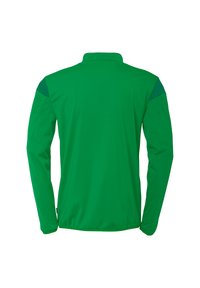 Green long-sleeve athletic jacket with a high collar. Features contrasting dark green accents on shoulders. Smooth, lightweight fabric.