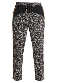 Zwart met bloemenpatroon broek met een trekkoord in de taille, met effen zwarte zijkanten en oranje gestreepte accenten langs de benen. Rekbare stof.