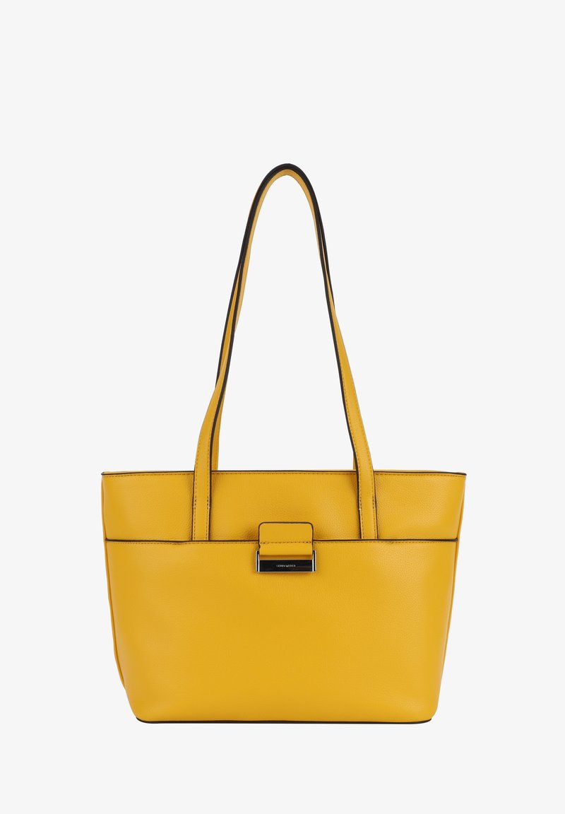 Gul skuldertaske lavet af tekstureret læder, med to lange håndtag, rektangulær form og en sølvfarvet spændeaccent på forsiden.