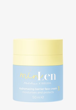 Blau-gelbes Glas mit Hydramazing Barrier-Gesichtscreme von minLen und Weleda, spendet Feuchtigkeit und schützt, 50 ml.
