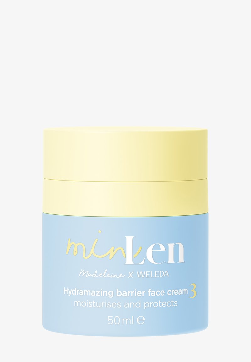 Blau-gelbes Glas mit Hydramazing Barrier-Gesichtscreme von minLen und Weleda, spendet Feuchtigkeit und schützt, 50 ml.