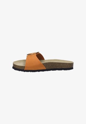 Sandale aus hellbraunem Leder mit verstellbarem Schnallenverschluss, Korkfußbett und schwarzem Gummisohle. Glatte Textur mit minimalistischem Design.