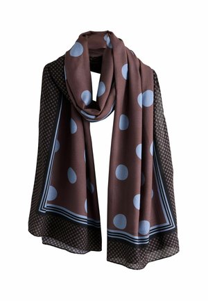 Brauner Schal mit großen hellblauen Punkten, der ein gepunktetes Muster und ein eingefasstes Design in Marineblau aufweist. Glatte Textur, leichter Stoff.