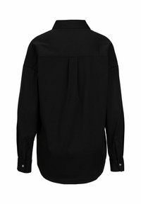 Black long-sleeve shirt featuring a button-down collar, back pleat detail, and buttoned cuffs. Smooth fabric with a minimalist design.