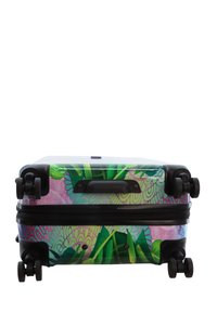 Hard-shell suitcase with a colorful floral and leafy design, featuring black accents, a retractable handle, and four wheels for mobility.