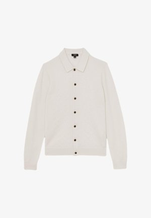 Cardigan bianco a maniche lunghe con collo, maglia a motivo a rombi e sette bottoni scuri davanti.
