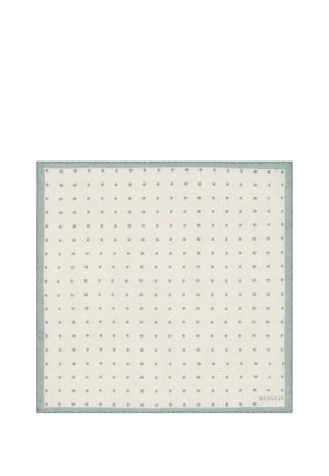 Pochette quadrata bianca con micro pois azzurri e bordo azzurro chiaro, con il marchio "Boggi Milano" nell'angolo.