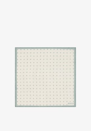 Quadratisches weißes Einstecktuch mit hellblauen Polka-Dots und hellblauem Rand, in der Ecke mit "Boggi Milano" gebrandet.