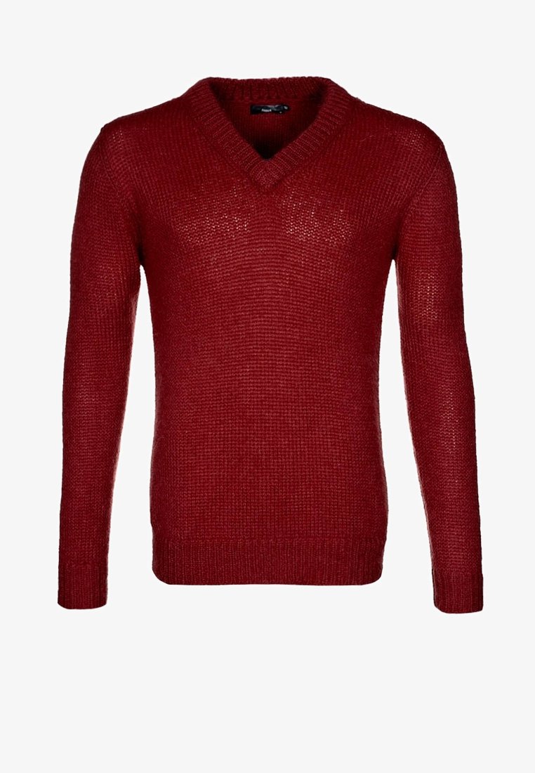 Pull rouge en maille à manches longues et col en V, avec poignets et ourlet côtelés, présenté sur fond blanc.