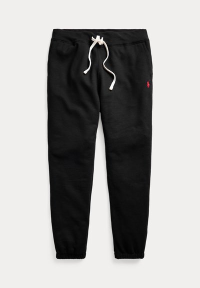Zwarte joggingsbroek van een katoenmix, met een tailleband met trekkoord, elastische boorden en een klein rood logo-accent op het linkerdijbeen.