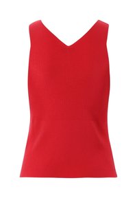 Rotes geripptes Tanktop mit V-Ausschnitt, taillierter Passform und glatter Textur. Der Stoff ist dehnbar und figurbetont. Keine weiteren Details.