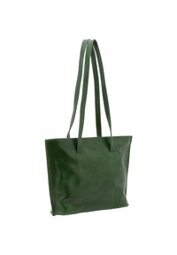 Borsa tote in pelle verde con due manici lunghi, forma rettangolare, texture liscia e design minimalista. Nessun accento visibile o ferramenta.
