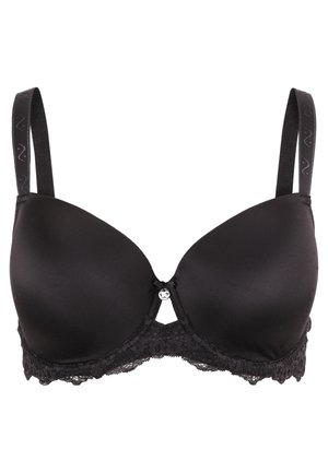 Czarny biustonosz z wkładkami, z gładkimi satynowymi miseczkami, koronkowym wykończeniem u dołu, małą ozdobą na środku oraz regulowanymi ramiączkami.