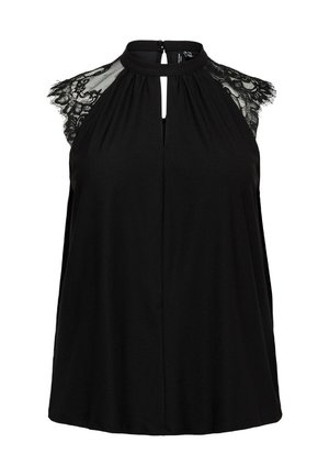 Črna top brez rokavov z čipkastimi kapicami na ramenih, visokim ovratnikom z zapiranjem na gumb in sprednjim izrezom v obliki ključavnice.