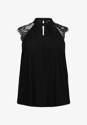 Zwart mouwloos topje met kanten kapmouwtjes, hoge hals met knoopsluiting en een sleutelgatdetail aan de voorkant.