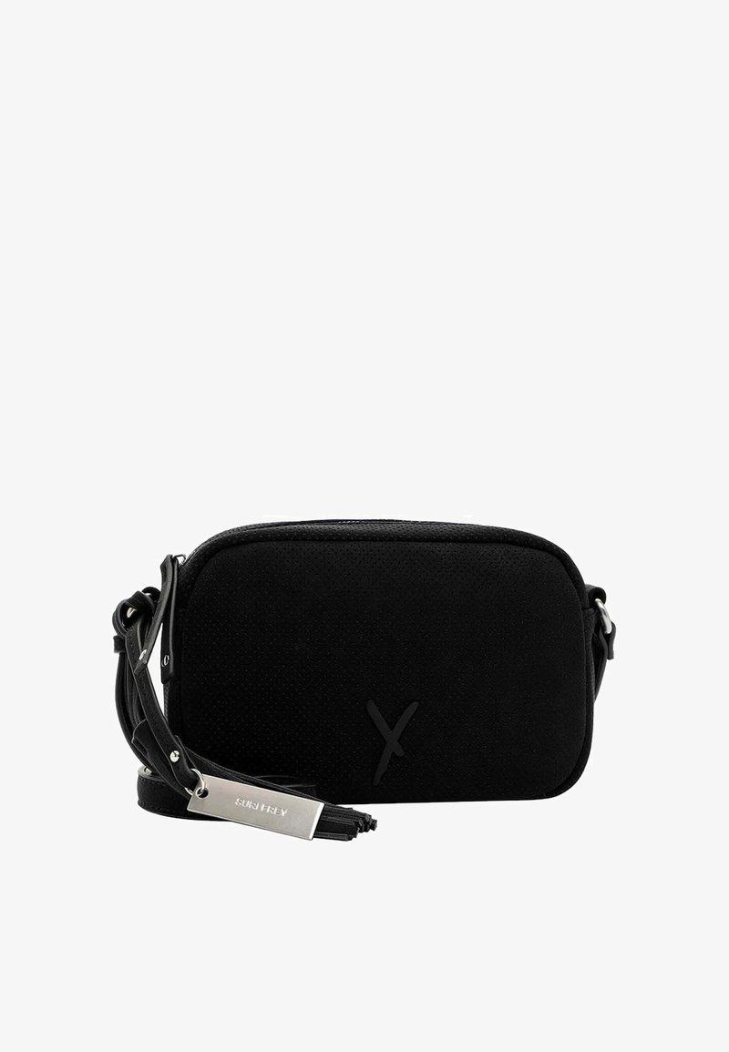 Borsa a tracolla nera, realizzata in suede con una texture liscia. Presenta una chiusura con zip, una tracolla regolabile e un'etichetta in metallo argento.