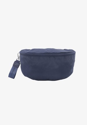 Bolsita de tela suave de color azul marino con forma redondeada, cierre de cremallera y una correa lateral. Presenta un sutil logotipo grabado en la parte delantera.