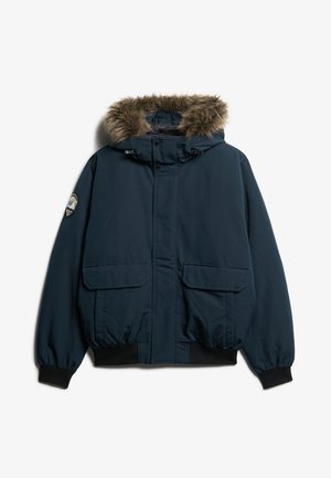 Granatowa ocieplana kurtka z kapturem wyłożonym sztucznym futrem, zapięcie na guziki z przodu, elastyczne mankiety oraz dwie duże kieszenie z przodu.