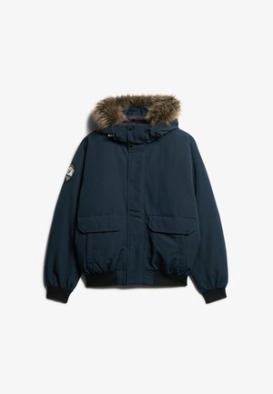 Marineblauw geïsoleerd jack met een nep-bont gevoerde capuchon, sluiting met knopen aan de voorkant, elastische manchetten en twee grote voorzakken.