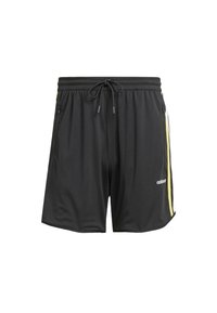Svarta sportshorts i meshmaterial. Har sidofickor, en dragsko i midjan och gula samt vita accenter på sidorna.