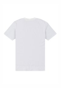 Vit bomull t-shirt, kort ärm, rund halsringning, enkel design, slät textur, inga mönster eller grafik, visad bakifrån.