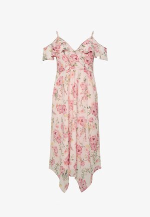 Rosa florales Midikleid mit schulterfreiem Schnitt, gerafftem Ausschnitt und asymmetrischem Saum, ausgestattet mit dünnen Trägern und tailliertem Schnitt.