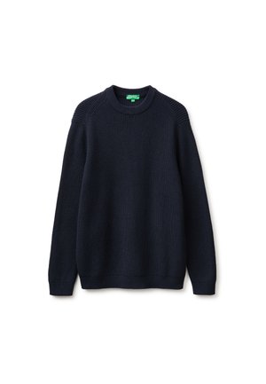 Navy blue knitted crewneck sweater with long sleeves and ribbed cuffs, collar, and hem, laid flat on white background.