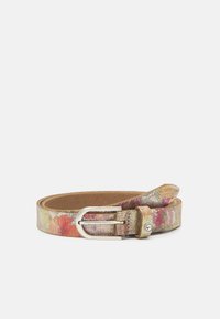 Floral-print belt in shades of pink and gold, textured leather material, silver metal buckle, and a smooth finish.