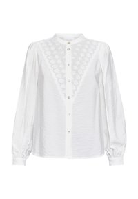 Hvid langærmet bluse med et struktureret stof. Har en scalloped øjenlidskans og seks knaplukninger ned foran.