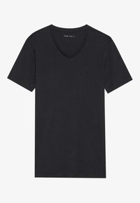 Black v-neck t-shirt, short sleeves, made of soft fabric with a smooth texture. Simple design, no patterns, straight cut at the hem.