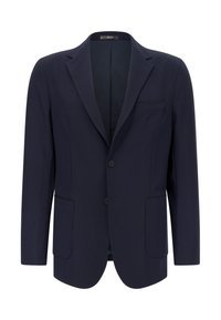 Granatowy blezer z kołnierzem z klapami, dwoma przednimi kieszeniami, jedną kieszenią na piersi oraz dwoma guzikami. Wykonany z gładkiego, dopasowanego materiału.