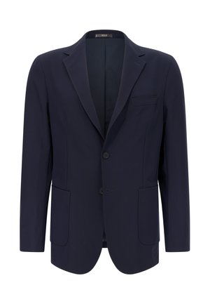 Granatowy blezer z kołnierzem z klapami, dwoma przednimi kieszeniami, jedną kieszenią na piersi oraz dwoma guzikami. Wykonany z gładkiego, dopasowanego materiału.