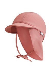 Rosa Sonnenhut mit einem breiten, geschwungenen Rand und einer verlängerten Rückenkappe zum Schutz des Nackens. Hergestellt aus glattem, leichtem Stoff mit einer gebundenen Verschlusstechnik.