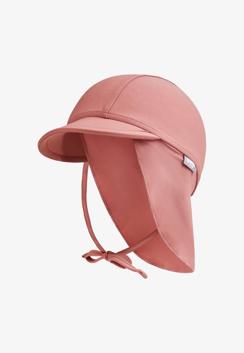 Rosa Sonnenhut mit einem breiten, geschwungenen Rand und einer verlängerten Rückenkappe zum Schutz des Nackens. Hergestellt aus glattem, leichtem Stoff mit einer gebundenen Verschlusstechnik.