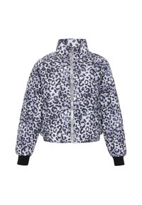 Puhányított dzseki lila és szürke leopárdmintával, magas gallérral, elülső cipzárral és fekete bordázott mandzsettákkal. Puha, fényes textúra.