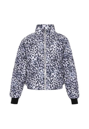 Vuorattu takki violetti-harmaassa leopardikuosissa, jossa on korkea kaulus, etuvetoketju ja mustat ribbikujat. Pehmeä, kiiltävä pinta.