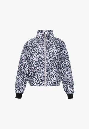 Vuorattu takki violetti-harmaassa leopardikuosissa, jossa on korkea kaulus, etuvetoketju ja mustat ribbikujat. Pehmeä, kiiltävä pinta.