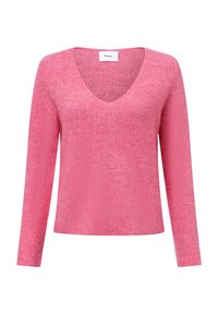 Roze geribde trui met V-hals, lange mouwen en een ontspannen pasvorm. Kenmerkt zich door een zachte textuur en een subtiel horizontaal patroon.