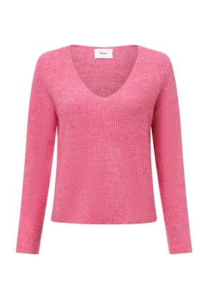 Rosa gerippter Strickpullover mit V-Ausschnitt, langen Ärmeln und lässiger Passform. Verfügt über eine weiche Textur und ein dezentes horizontales Muster.