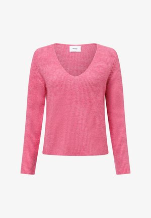 Rosa gerippter Strickpullover mit V-Ausschnitt, langen Ärmeln und lässiger Passform. Verfügt über eine weiche Textur und ein dezentes horizontales Muster.