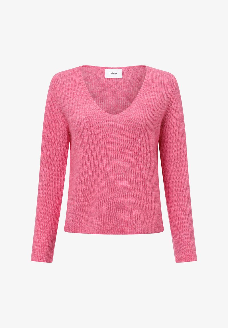 Roze geribde trui met V-hals, lange mouwen en een ontspannen pasvorm. Kenmerkt zich door een zachte textuur en een subtiel horizontaal patroon.